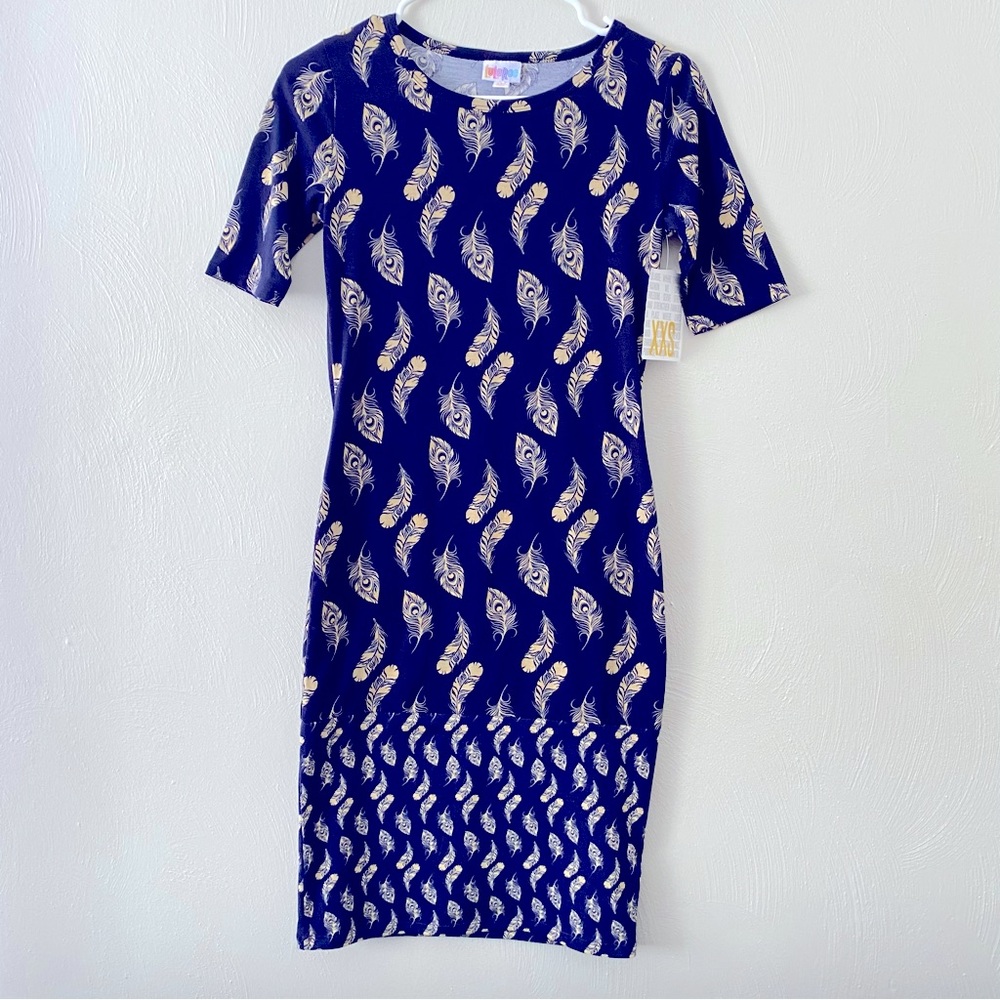 NWT LuLaRoe Julia Dress, Dark Blue Peacock Feather Print, Size XXS